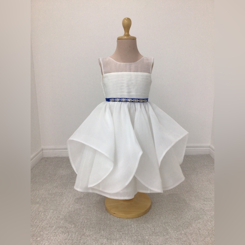 Ivory Flower Girl Dress with Blue Sash - Rosebud 5138